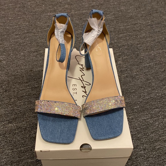 Cato Blue Denim Sandals with Rhinestone Strap - Picture 2 of 6